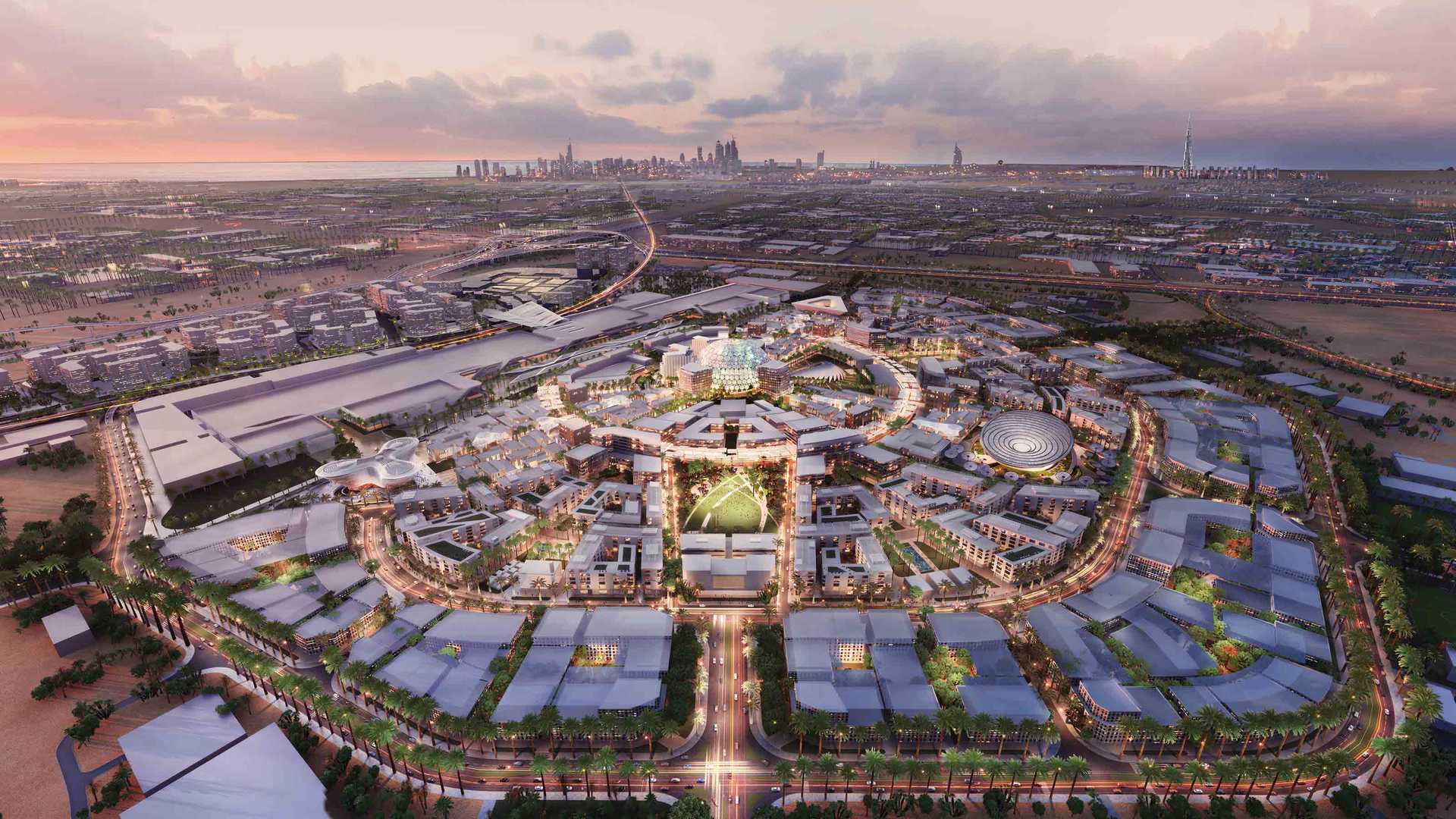 Dubai Expo's 1083 acre site. Located near Dubai's southern border with Abu Dhabi.